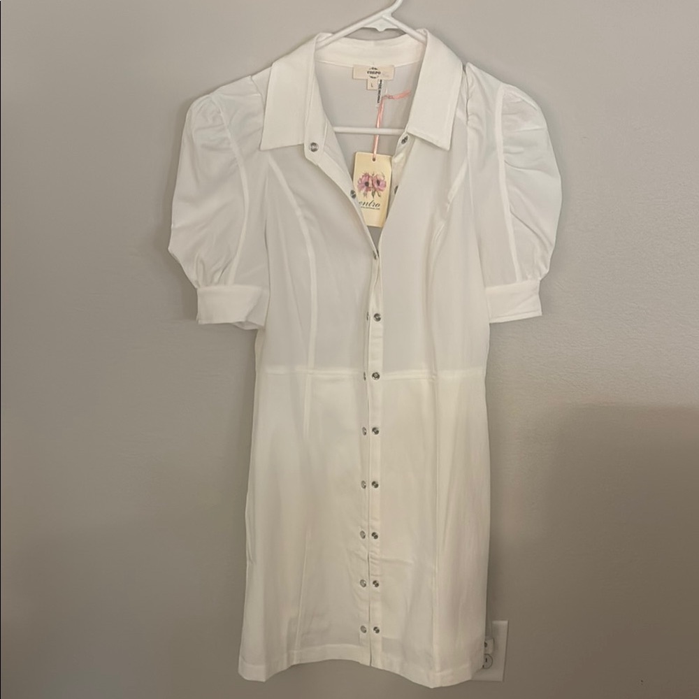 White Button-Up Dress with Puff Sleeves